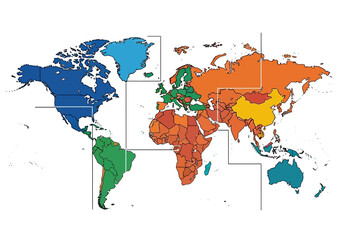 A colorful world map illustration highlighting different countries and regions from a global viewpoint
