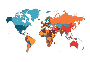 Obraz premium A colorful world map illustrating diverse countries and cultures from a global perspective.