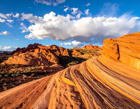 Vibrant sandstone formation under blue sky with white clouds