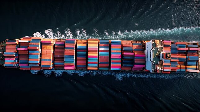 An aerial perspective showcases a container cargo vessel navigating ocean waves. The ship's deck holds stacks of brightly colored shipping containers