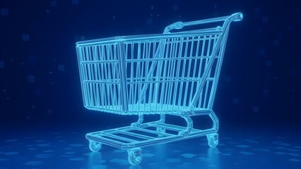Blue wireframe shopping cart on digital background