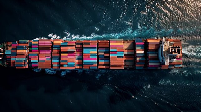 An aerial perspective of a massive cargo ship sailing across the ocean, laden with colorful shipping containers