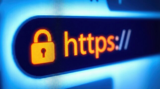 HTTPS protocol padlock icon displayed securely on a digital browser address bar showing screen pixels for internet data encryption and cybersecurity protection.