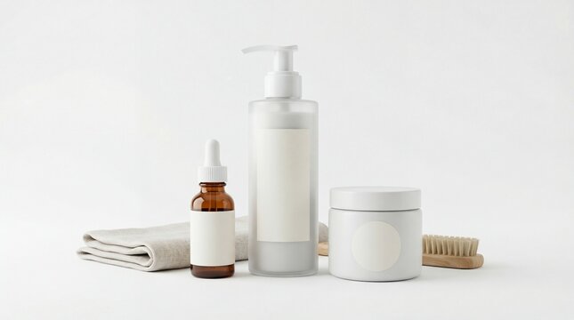 Mock-up of beauty products for skin and hair care, featuring a lotion bottle, oil, and cream, all isolated on a white background, rendered in 3D, illustrated in 3D.
