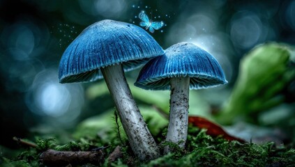 Fototapeta premium Two mushroom with blue cap in a enchanted forest setting