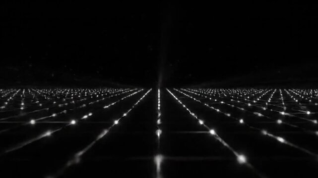 Abstract, grayscale image depicting interconnected points of light in a dark, infinite space