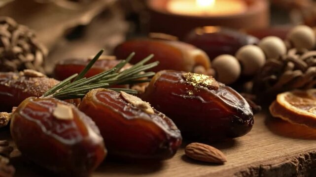 Artisanal dates displayed in warm Eid celebration decor. Cinematic cultural footage symbolizing wellness, tradition, eco friendly values, and meaningful global connections.