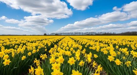 Fototapeta premium Vibrant daffodil field under blue sky with white clouds
