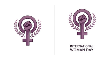 Empowering female symbol with laurel wreath and fist for International Women's Day
