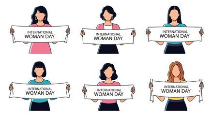 Diverse women celebrating International Women's Day with banners