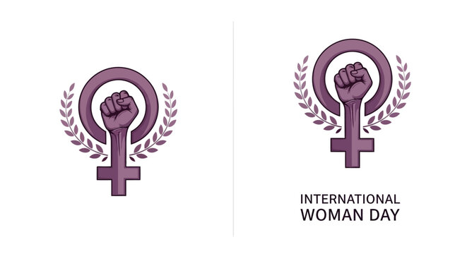 Empowering female symbol with laurel wreath and fist for International Women's Day