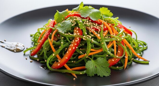 Fresh and vibrant Asian seaweed salad with sesame seeds and vegetables.