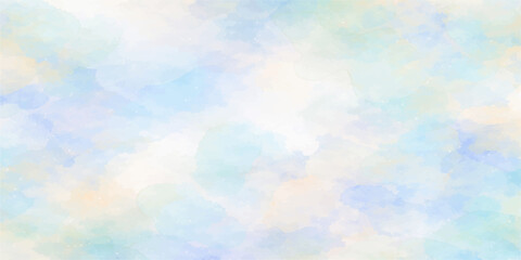 Abstract colorful watercolor background featuring bright blue sky and fluffy white clouds in a sunny summer atmosphere with beautiful bokeh light and heaven-like nature