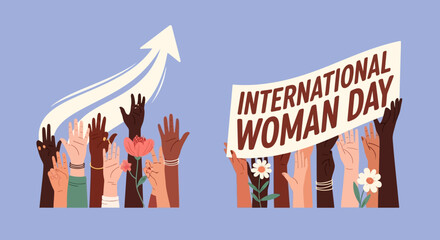 Diverse hands celebrating International Women's Day with flowers and banner