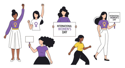 Empowered women celebrating International Women's Day with fists raised and signs