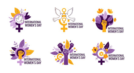 International Women's Day graphic elements with female symbols and doves