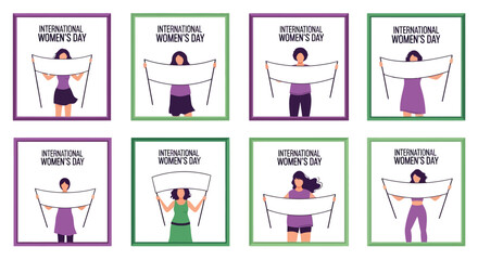 International Women's Day banners with diverse women holding blank signs