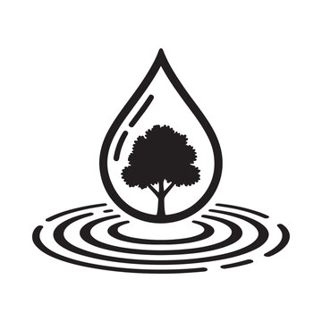 A striking black and white illustration depicts a water droplet containing a tree and concentric ripples