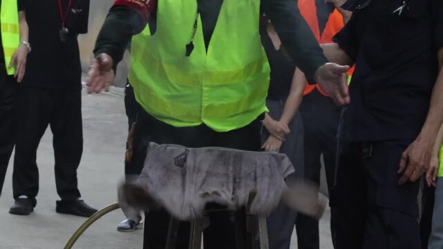 Fire extinguisher training program with fire blanket safety emergency flame pan demonstration, outdoor drill, staff practice fire control