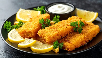 Delicious crispy golden fried fish fillets served with fresh lemon wedges and creamy tartar sauce on a dark plate