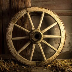 Weathered wooden wagon wheel leans against a barn's interior