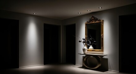 A dimly lit room with a console table and mirror in the corner, exuding a sense of luxury and sophistication.