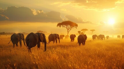 Fototapeta premium Herd of elephants walking in golden savanna at sunset