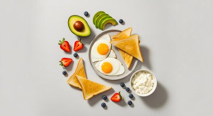 A plate of eggs and toast with fruit and avocado