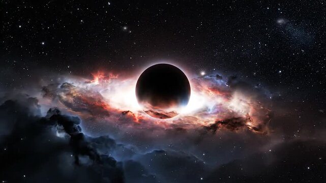 A celestial body eclipsing a radiant nebula in the vast expanse of outer space