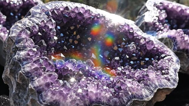 A detailed view of a vibrant amethyst geode with crystalline structures reflecting rainbow hues, captured from a close-up perspective.
