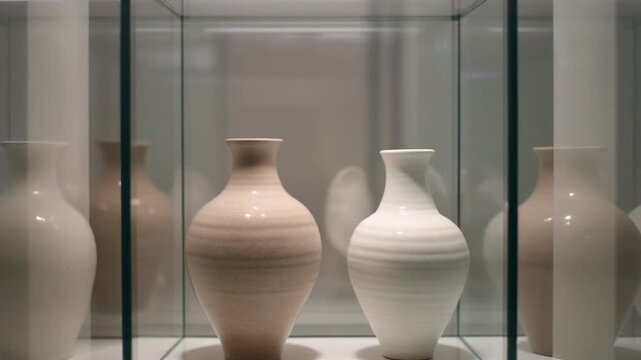Ceramic vases on display in a glass cabinet.