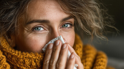 Mature woman with tissue and mustard scarf