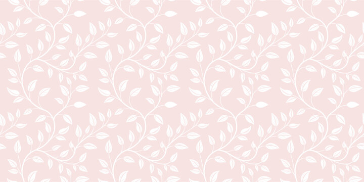 Soft blush botanical pattern with delicate swirling leaves creating a seamless pastel background. Elegant floral inspired design ideal for wallpaper, textile, packaging, and modern surface .