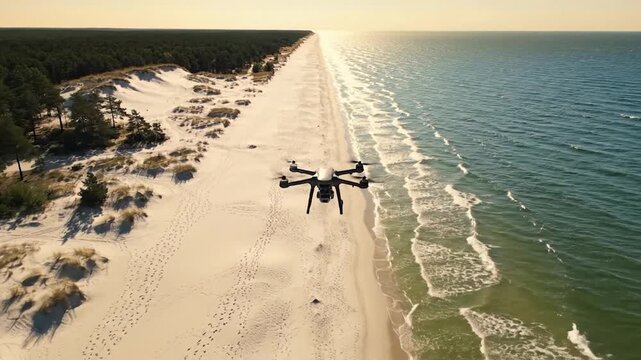 A modern quadcopter drone flying over a beautiful sandy beach.