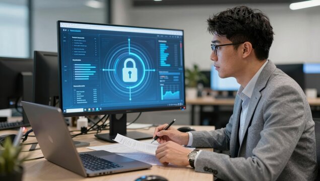A man in a suit reviews documents in front of a computer displaying cybersecurity data and a padlock icon