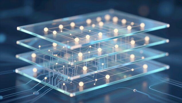 Stacked transparent layers with glowing nodes and digital network connections
