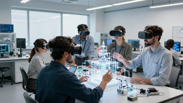 Diverse team wearing VR headsets collaboratively interact with a holographic 3D engineering model