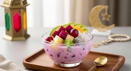 Traditional Indonesian es sop buah served in a glass bowl with fresh mixed fruits including dragon fruit, avocado, melon, grapes, and nata de coco in sweet creamy syrup. Popular Ramadan takjil.
