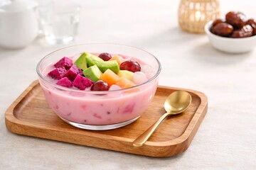 Traditional Indonesian es sop buah served in a glass bowl with fresh mixed fruits including dragon fruit, avocado, melon, grapes, and nata de coco in sweet creamy syrup. Popular Ramadan takjil.