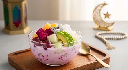 Traditional Indonesian es sop buah served in a glass bowl with fresh mixed fruits including dragon fruit, avocado, melon, grapes, and nata de coco in sweet creamy syrup. Popular Ramadan takjil.
