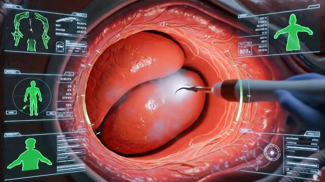Minimally invasive heart valve repair view robotassisted endoscopic instrument cauterizing tissue inside cardiac chamber with visible vessels and aorta, holographic overlays display patient