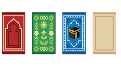 Islamic Prayer Rug Sajadah Mat Design Set, Red Green Blue Beige Carpet Collection