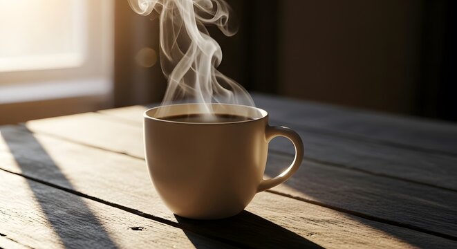Morning coffee steaming in the warm sunlight on a wooden table. canecas