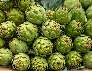 Fototapeta premium Close-up of artichokes, tightly packed and displaying varying shades of green, revealing their unique petal-like structures