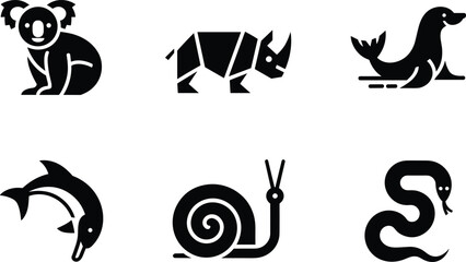 Collection of black geometric animal icons including koala rhino sea lion dolphin snail and snake for modern minimalist logo design vector © Ponkaj Creatives
