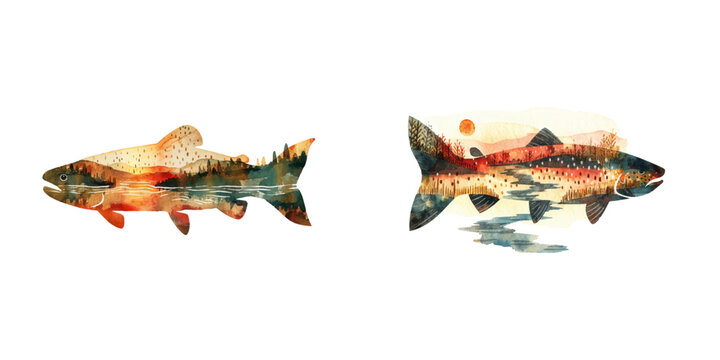 silhouette rainbow trout fish with river scene inside watercolor vector illustration