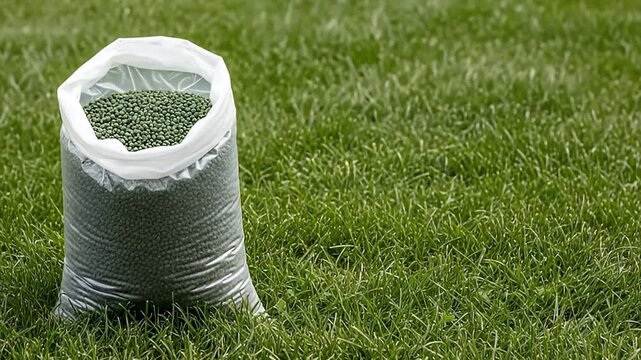 Bag of green fertilizer granules on a lush green lawn