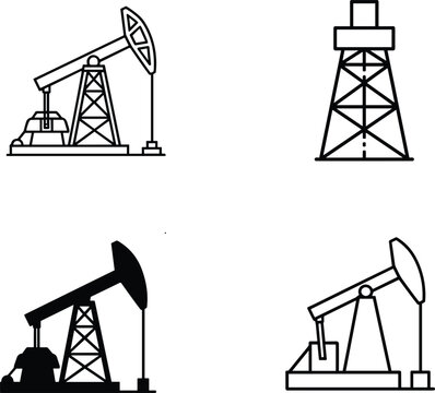 Oil pump jack icon set petroleum industry drilling equipment vector outline and silhouette illustration collection