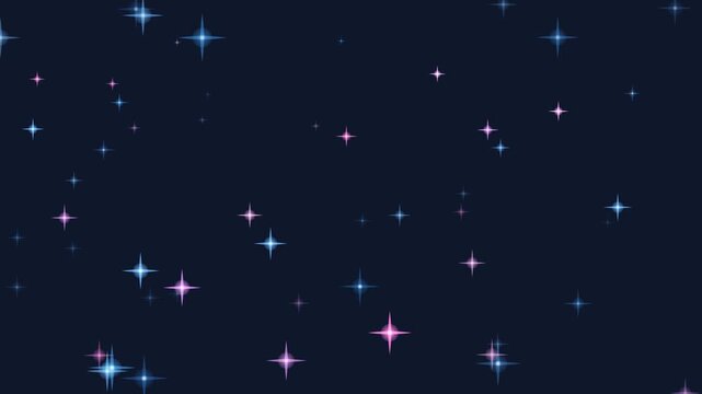 Seamless loop of stylized pink and blue twinkling stars sparkling over a deep navy blue background. Perfect as a graphic overlay element for festive holidays, celebrations, magical visuals