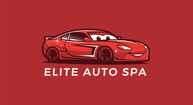 Red sports car with a friendly face logo for Elite Auto Spa.